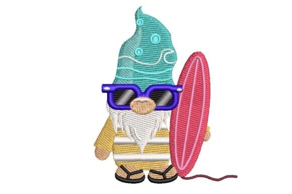 Charming Summer Beach Gnome with Surfboard Embroidery Design